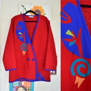80s red blue rainbow geometric wearable art wool jacket (L)